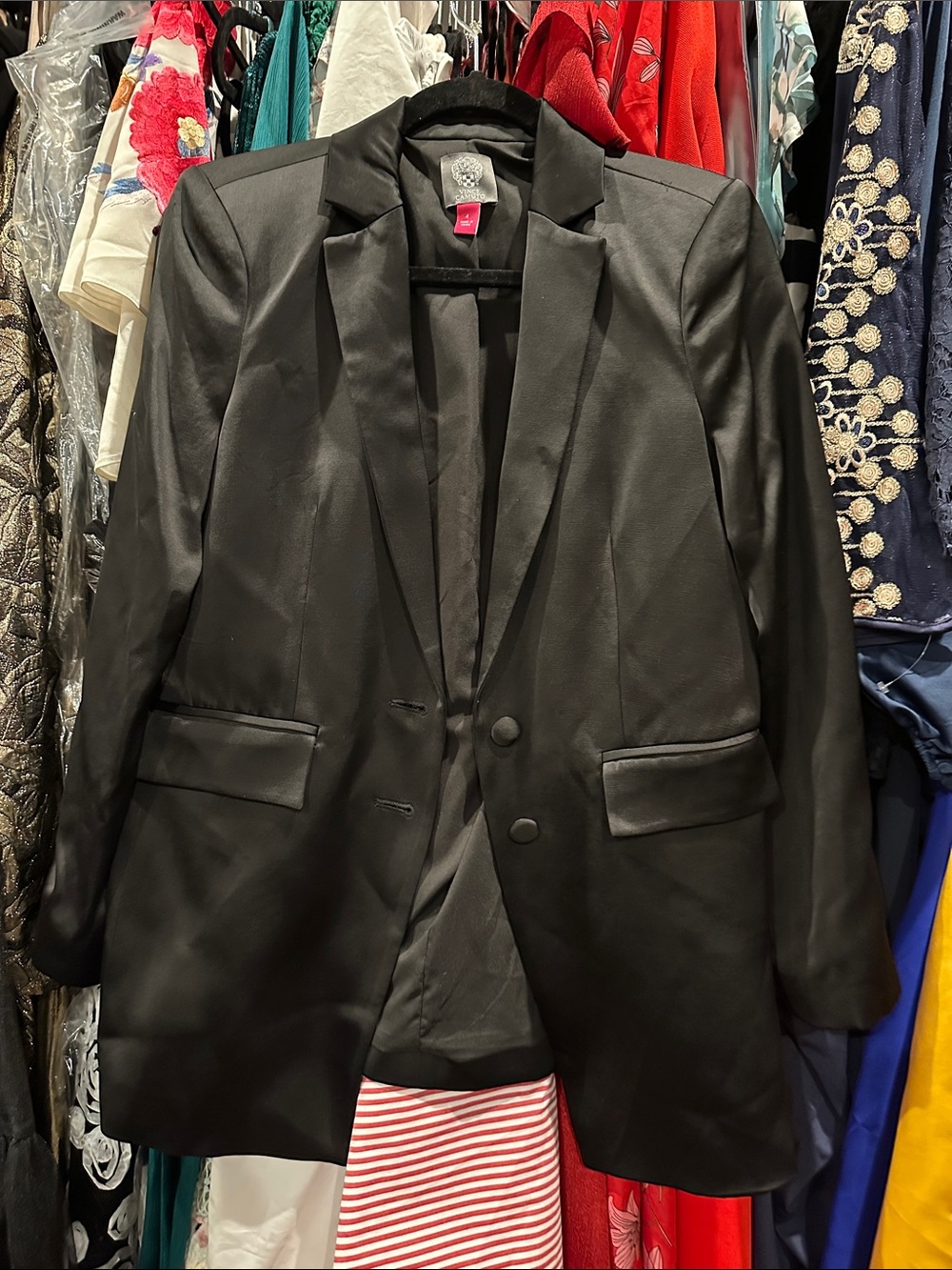 Women’s Vince Camuto Long Black Single-Breasted Satin Blazer size 4 oversized
